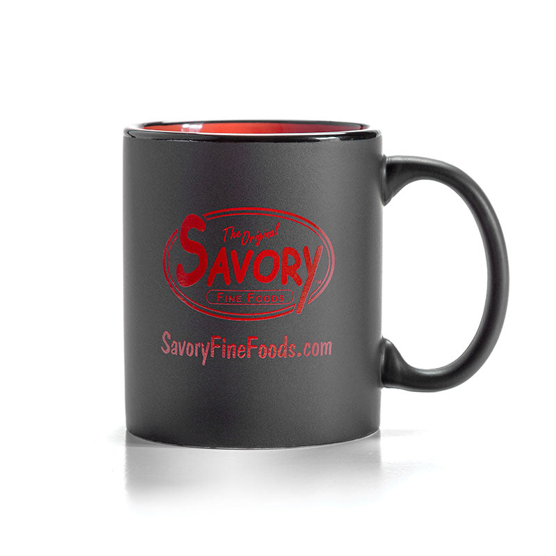 black coffee mug with Savory logo